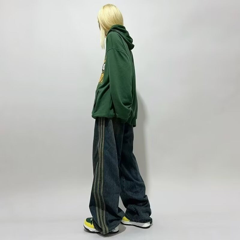 2024 design retro side striped jeans punk vibe distressed loose wide leg mopping women's casual pants