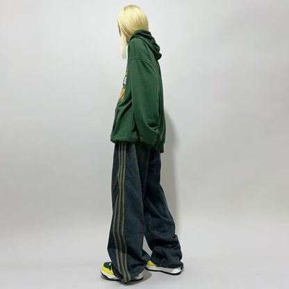 2024 design retro side striped jeans punk vibe distressed loose wide leg mopping women's casual pants