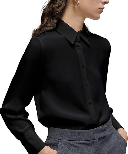 Women's regular button-down shirt long sleeve classic collared top work office casual chiffon shirt