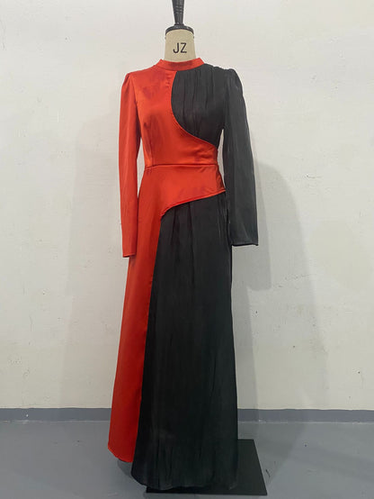 Amazon 2024 Europe and America cross border irregular color contrast patchwork dress high waist pleated slingback long dress for women