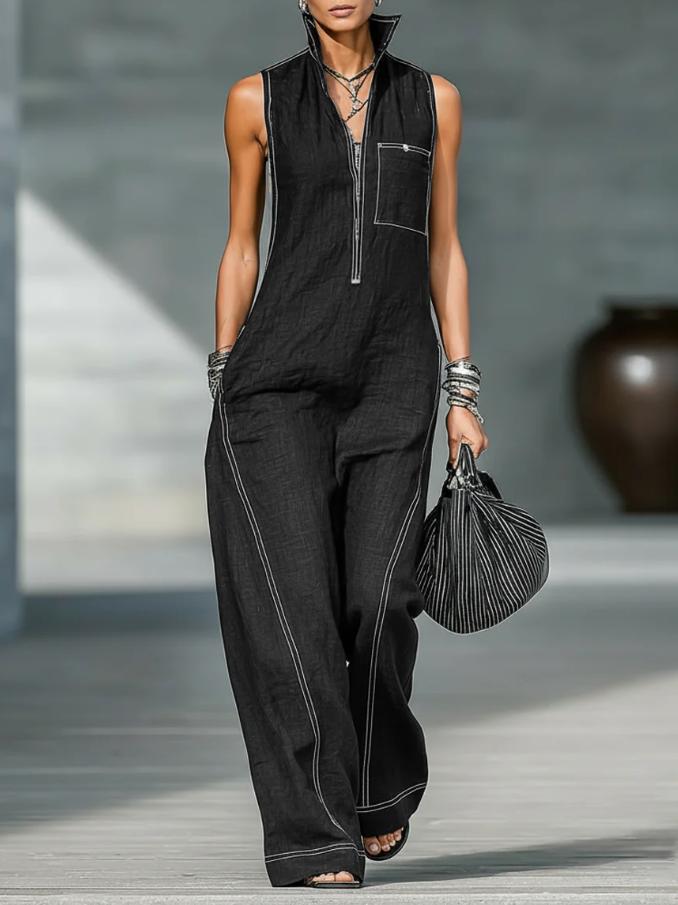 Polyester Solid Color  Slimming Sleeveless Zipper Women's Jumpsuit