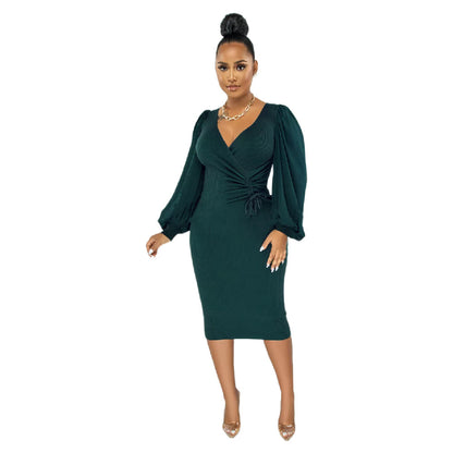9958 Europe and America cross border Amazon solid color mid-length puff sleeve slim women's clothing dress