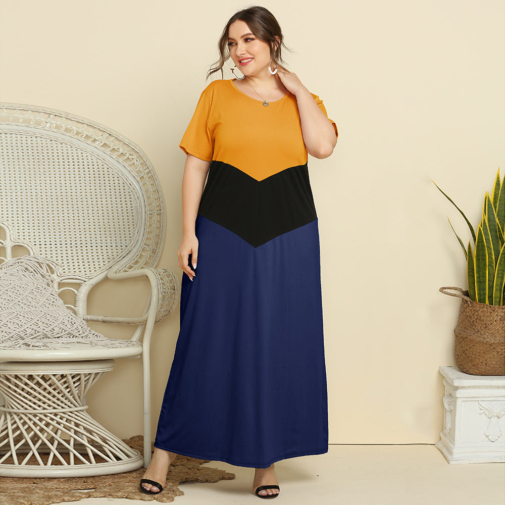 Spring and Summer new 2025 plus size women's clothing simple color matching long dress loose slimming short sleeve dress JR112