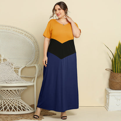 Spring and Summer new 2025 plus size women's clothing simple color matching long dress loose slimming short sleeve dress JR112