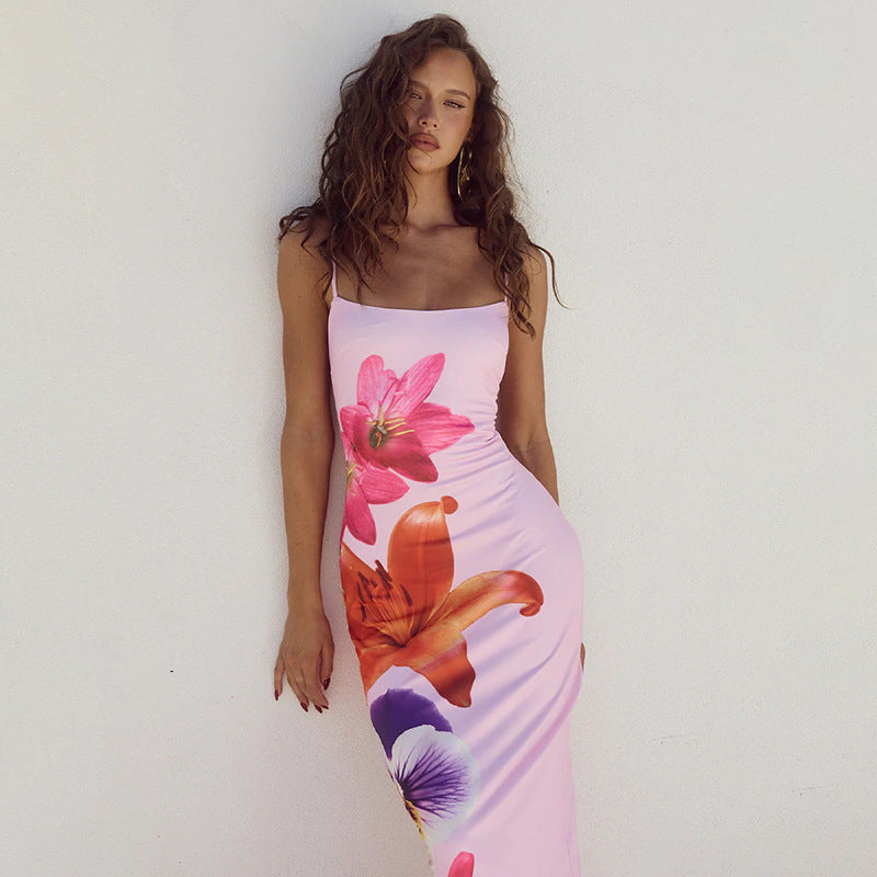 JY24198 suspender flower printed sexy dress 2024 Summer new hot girl backless slim fit long dress for women