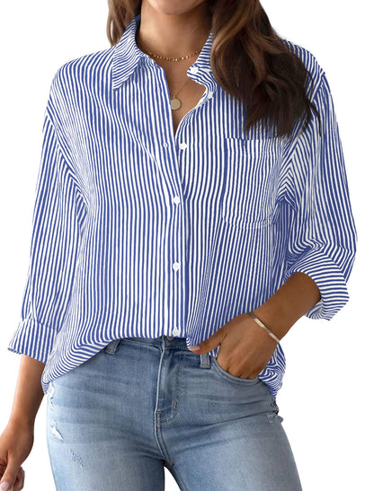 Women's button-down shirt striped classic long sleeve collar office work shirt top with pockets