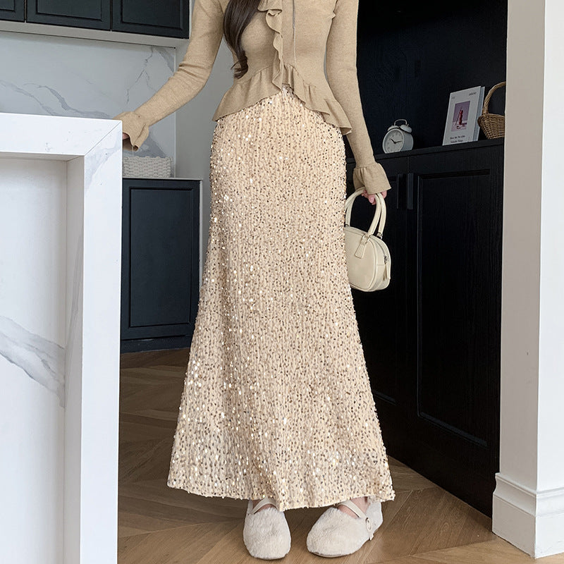 Heavy embroidery sequins long skirt women's autumn high waist design sense minority fashion skirt draping fishtail skirt slimming temperament
