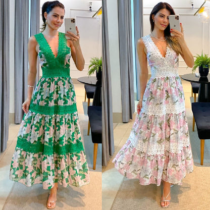 Russian floral print patchwork dress Sleeveless V-neck A-line