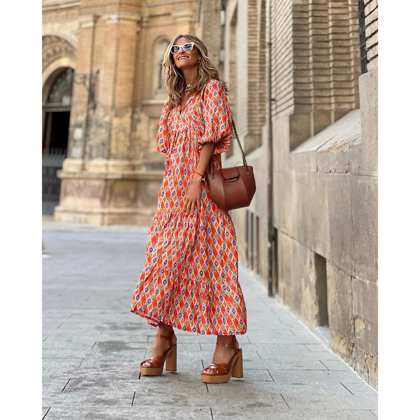 Spring and Autumn European and American new geometric collage puff sleeve dress female street fried street plus size women's dress