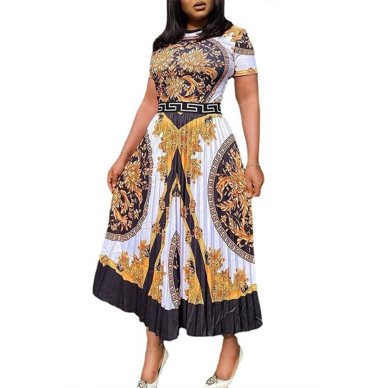 African Plus Size High Waist Short Sleeve Print Pleated Dress