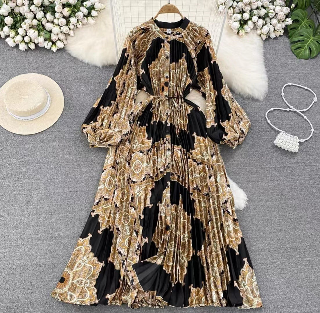 Luxe lange lantaarmouwen knopen ceintuur bedrukte maxi-jurk