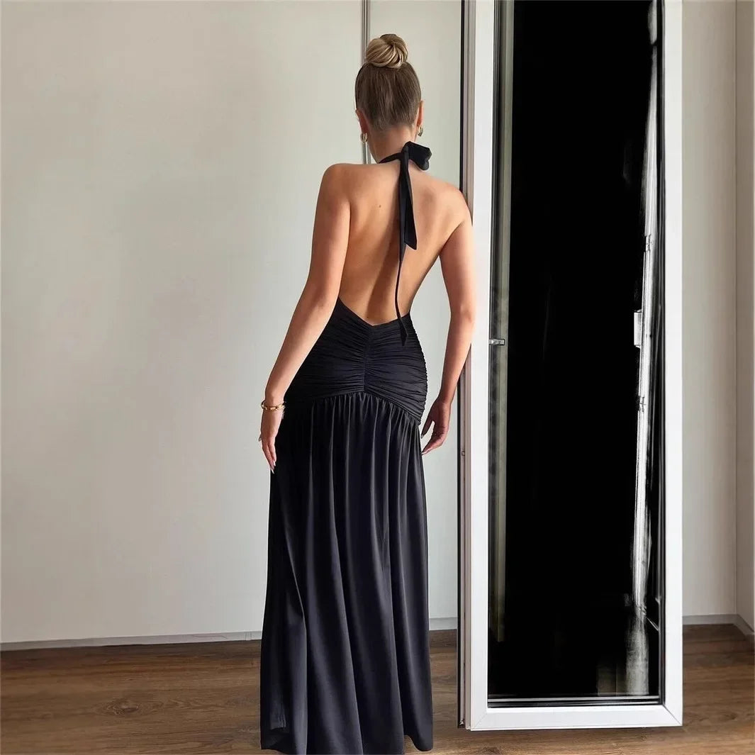 European and American new cross-border fashion pure color halter lace-up backless slim fit sexy slit pleated maxi dress women