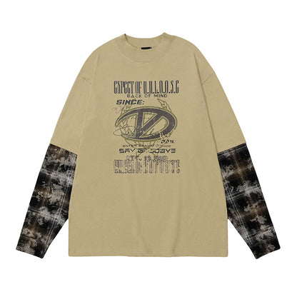 # OVDY autumn and winter new fake two men camouflage stitching Maillard style loose round neck pure cotton tops