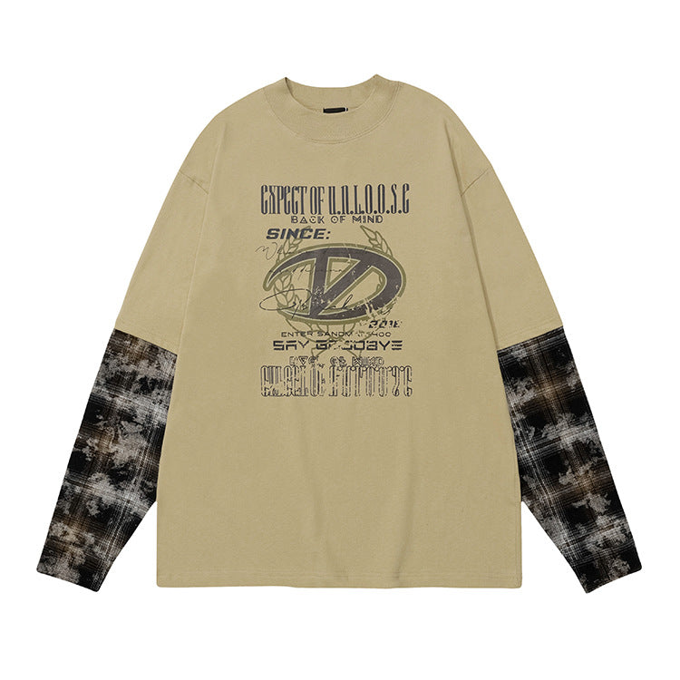 # OVDY autumn and winter new fake two men camouflage stitching Maillard style loose round neck pure cotton tops