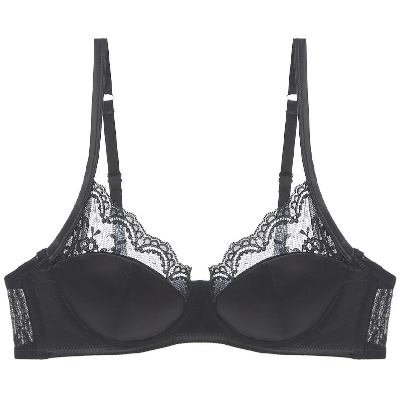 Cross-border sexy underwear women's French thin satin stitching lace underwear big chest small anti-SAG bra suit
