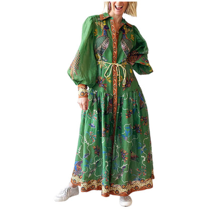 Cross-border foreign trade independent station Amazon 2023 new autumn printed cardigan printed wide hem long sleeve dress for women