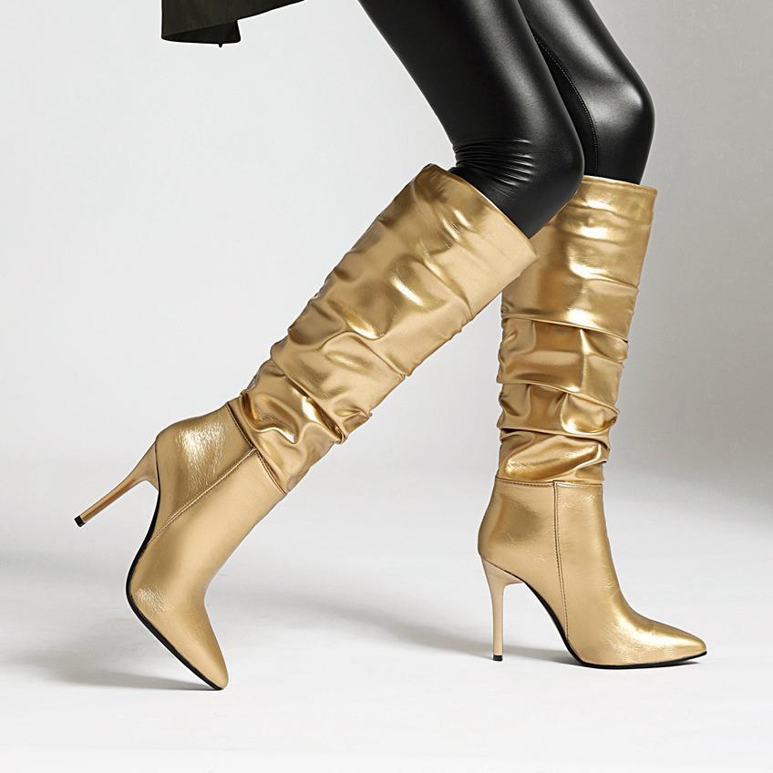 European and American style 2021 Spring and Autumn New stiletto gold silver boots high leg boot plus size women's boots 41 size