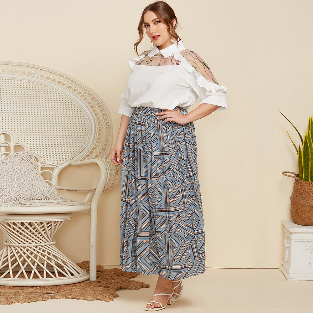 2025 spring and summer plus size women's clothing New elegant lapel see-through embroidered stitching wooden ear half sleeve shirt JR113