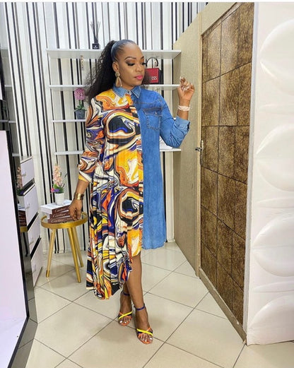 Supply Denim chiffon stitching unique cutting fashion loose shirt dress European and American Africa plus size special offer