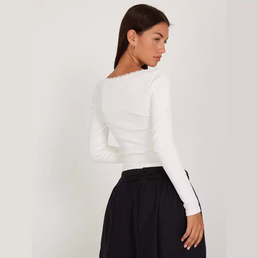 2023 new arrival Amazon Fall Winter fashion sexy U collar small lace knitted bottoming shirt