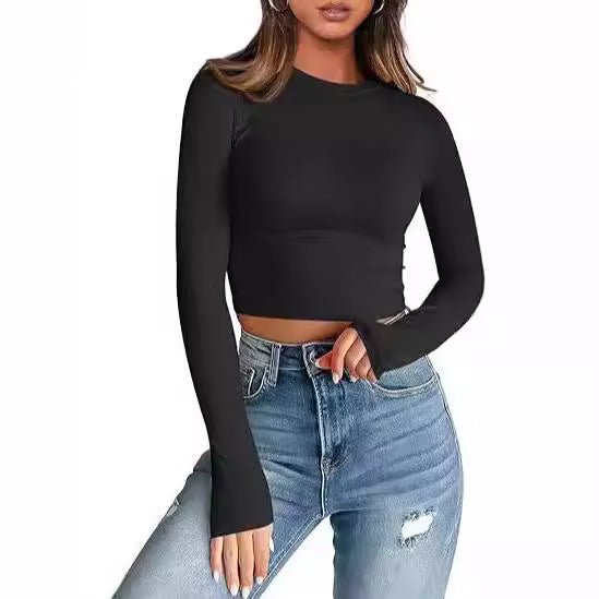 European and American style women long sleeves cropped T-shirt autumn top fashion basic slim hot girl shirt milk Silk women's clothing