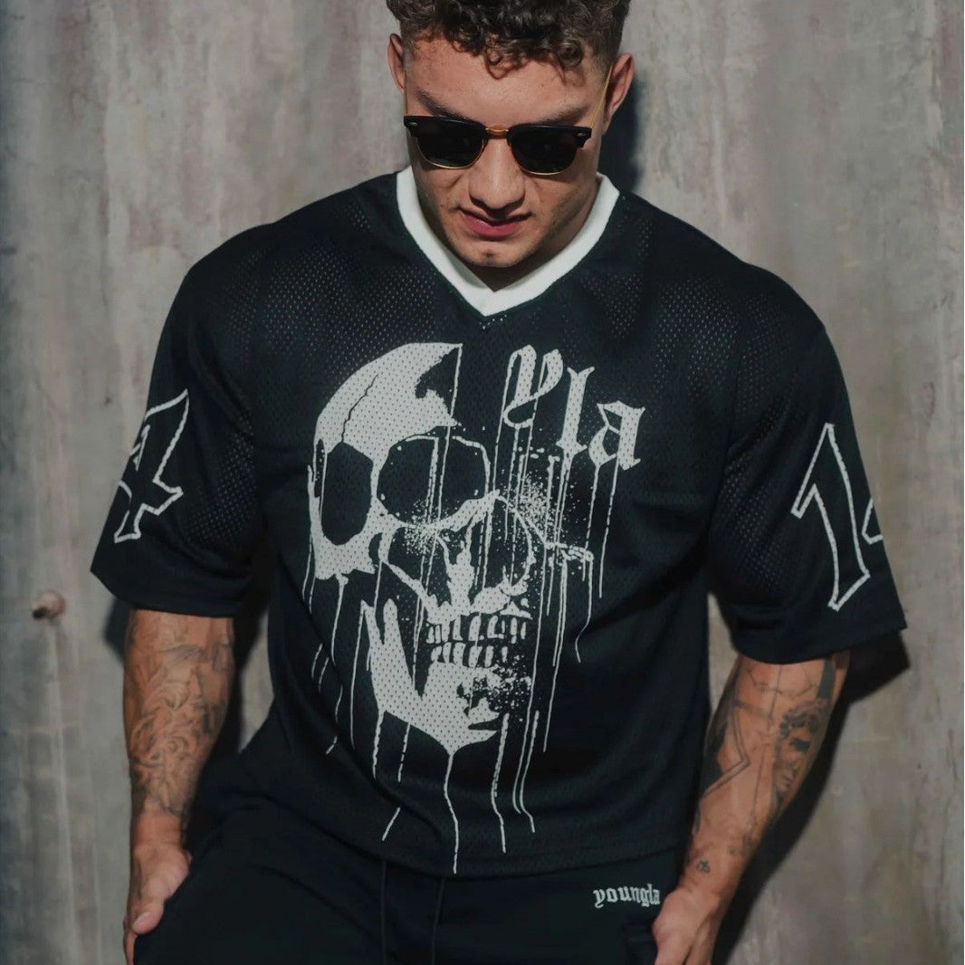 YOUNGLA American fashion brand oversized T-shirt men's exercise workout quick-drying breathable large mesh printed short-sleeved top