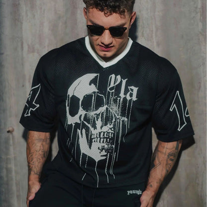 YOUNGLA American fashion brand oversized T-shirt men's exercise workout quick-drying breathable large mesh printed short-sleeved top
