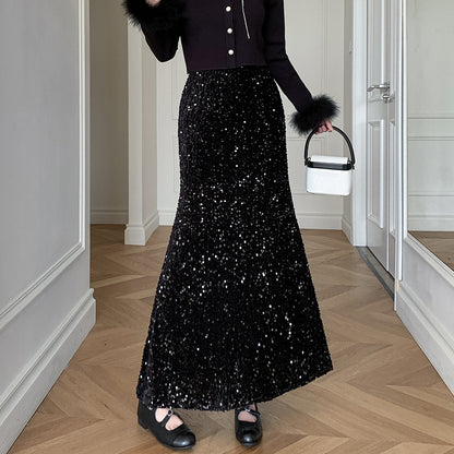 Heavy embroidery sequins long skirt women's autumn high waist design sense minority fashion skirt draping fishtail skirt slimming temperament