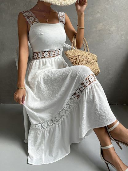 Amazon new hollow lace temperament dress sling slim fit patchwork solid color sleeveless female dress