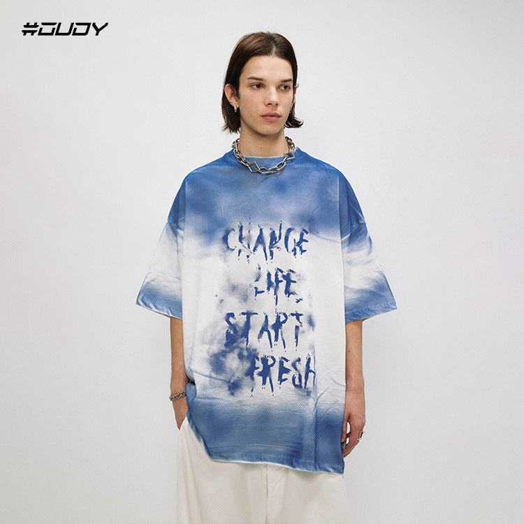 OVDY American Street Short Sleeve T-Shirt Cotton Gradient Spray Print Couple Letters