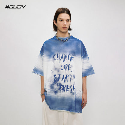 OVDY American Street Short Sleeve T-Shirt Cotton Gradient Spray Print Couple Letters