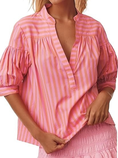 European and American Women's Casual Shirt New Style Striped V-Neck Top |tops