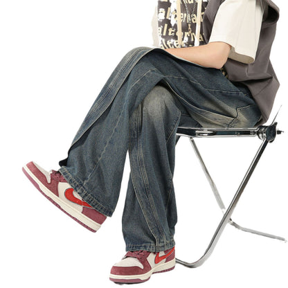 LKTM men's# American-style high-grade stitching jeans men's loose high street wide leg smooth straight-leg trousers