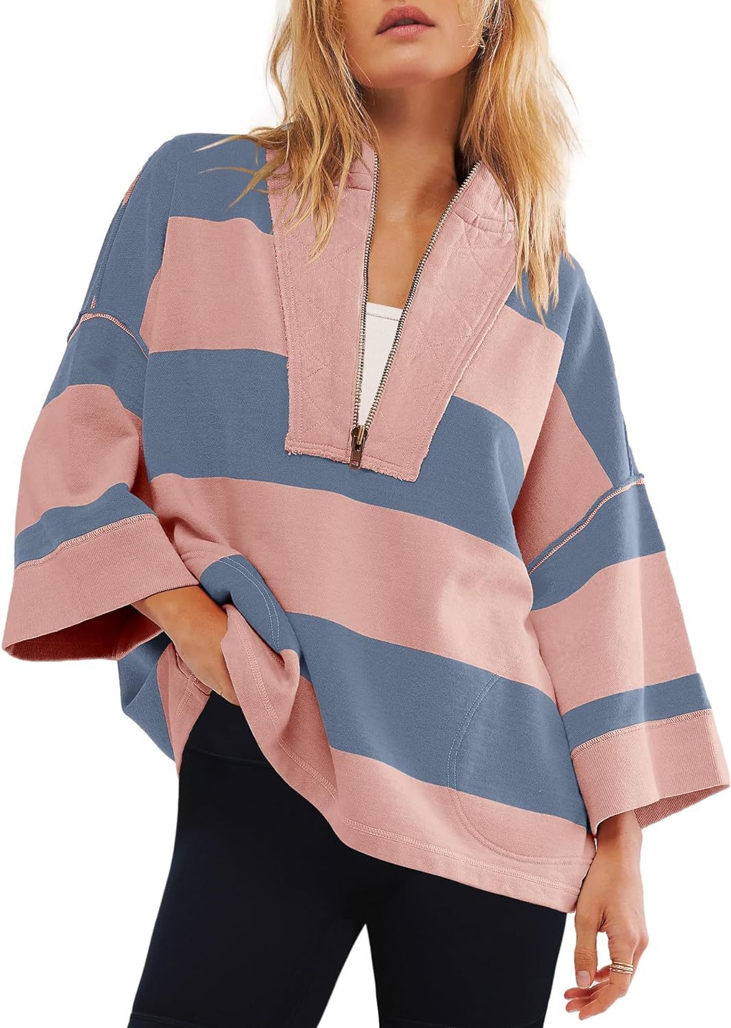 2024 women's oversized striped shirt half zip sweatshirt color block V-neck top casual loose pullover