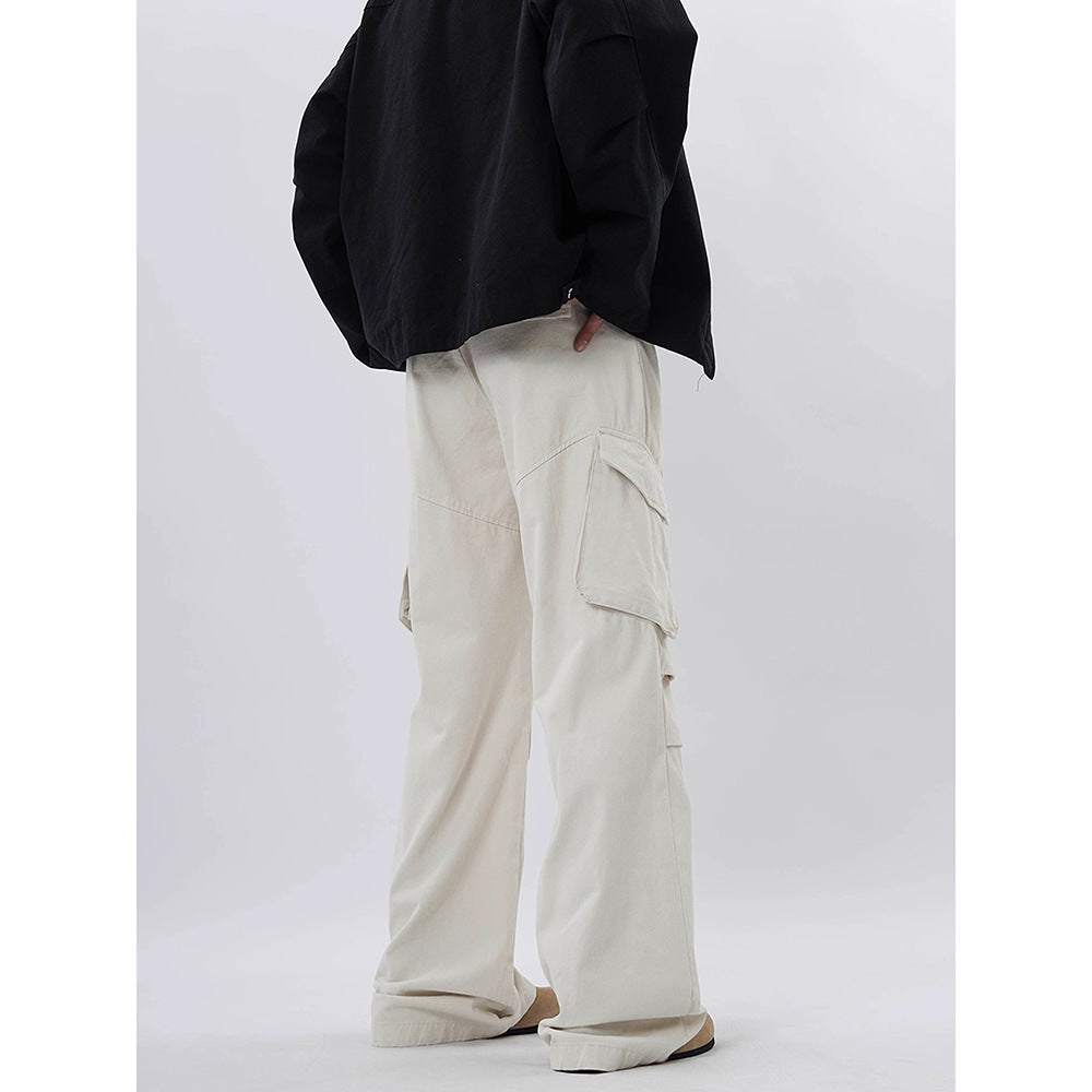 American-style high street fashion brand pleated design workwear casual pants women's loose multi-pocket straight slightly flared long pants