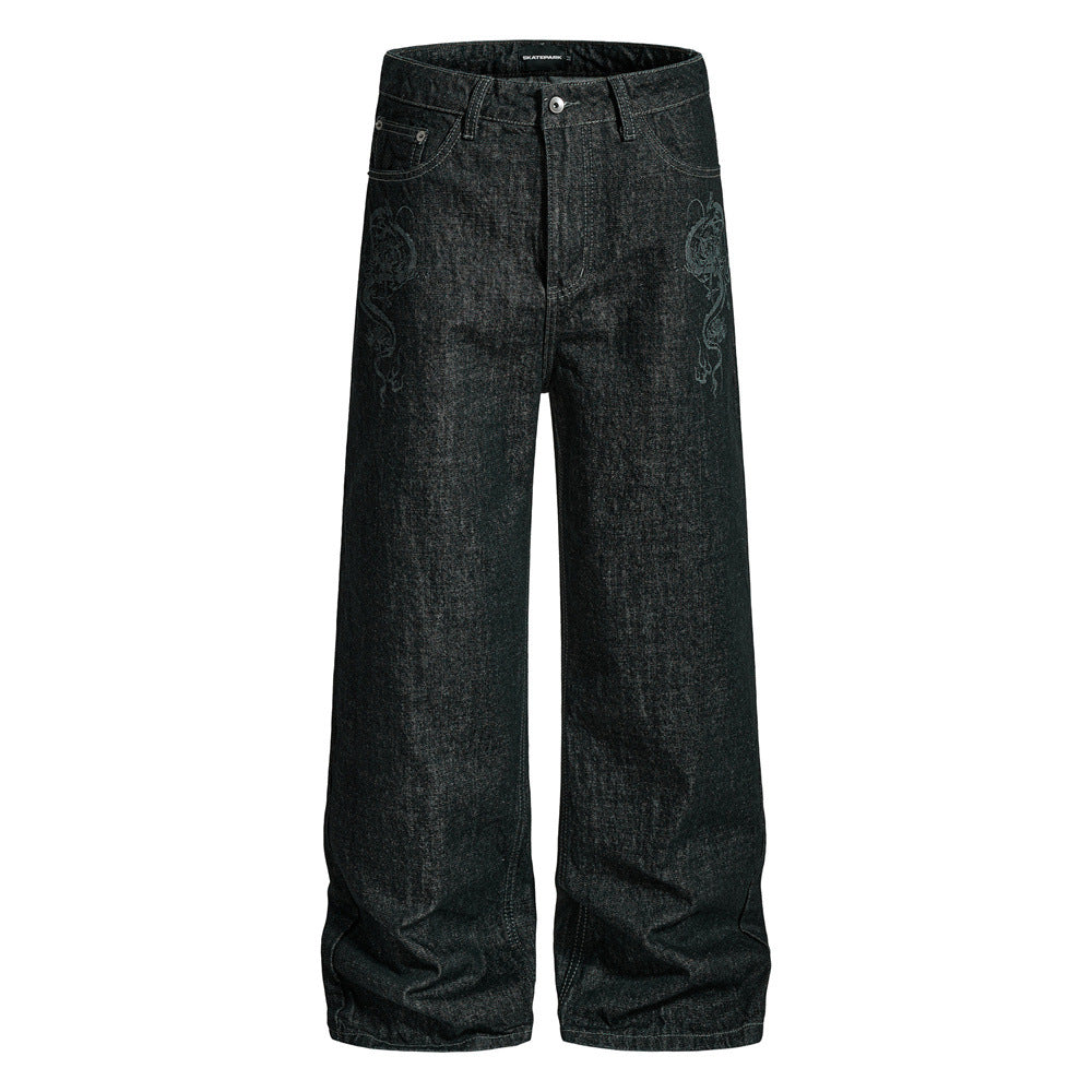 High-Street Men's Laser-Burnt Straight-Leg Denim Jeans, Trendy Loose Fit Casual Pants for Men