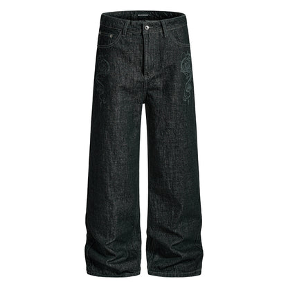 High-Street Men's Laser-Burnt Straight-Leg Denim Jeans, Trendy Loose Fit Casual Pants for Men