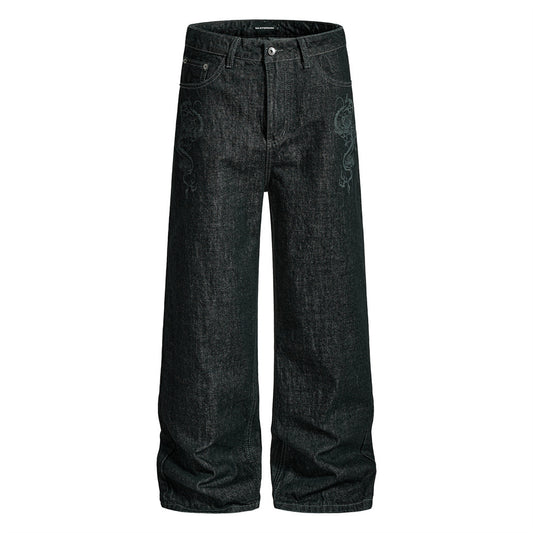 High-Street Men's Laser-Burnt Straight-Leg Denim Jeans, Trendy Loose Fit Casual Pants for Men