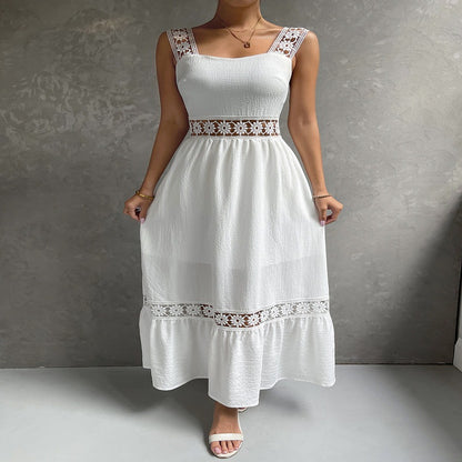 Amazon new hollow lace temperament dress sling slim fit patchwork solid color sleeveless female dress