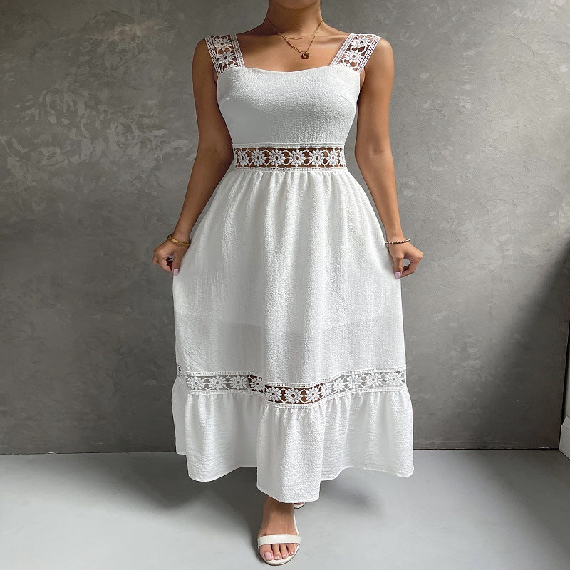 Amazon new hollow lace temperament dress sling slim fit patchwork solid color sleeveless female dress