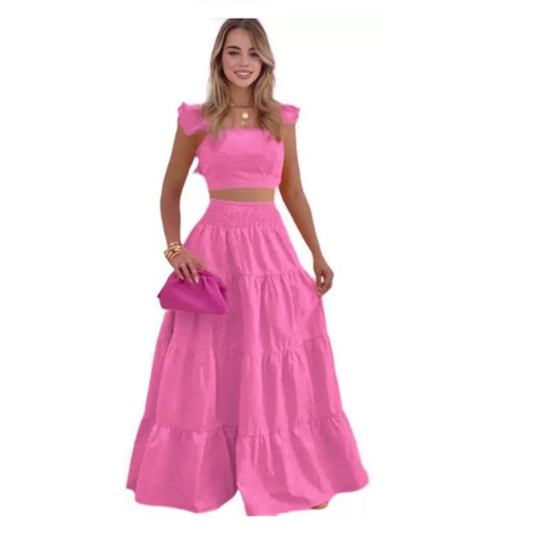 2024 Summer European and American Amazon cross-border new arrival temperament sexy backless solid color two-piece sling maxi dress