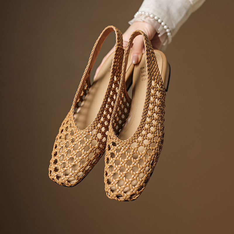 2025 spring and summer new women's casual sandals pointed toe toe cap weaving hollow breathable plus size soft bottom hole shoes
