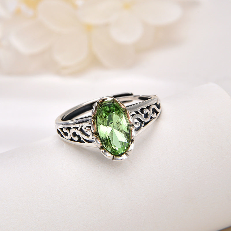 925 sterling silver green crystal ring female cross-border retro personality fashion hollowed-out unlimited design ring adjustable opening