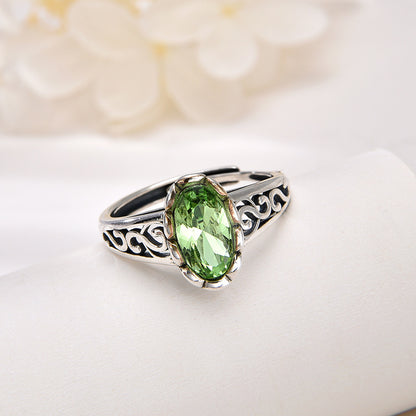 925 sterling silver green crystal ring female cross-border retro personality fashion hollowed-out unlimited design ring adjustable opening