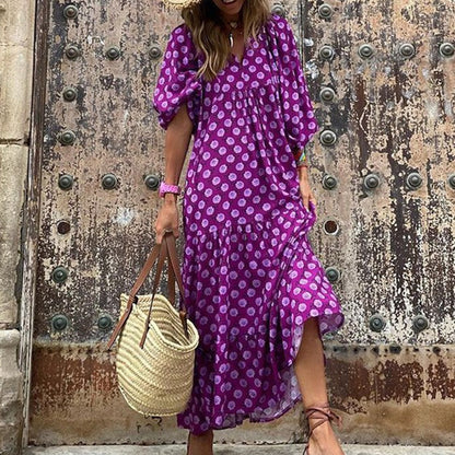 Spring and Autumn European and American new geometric collage puff sleeve dress female street fried street plus size women's dress
