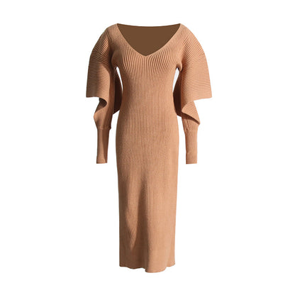 European and American simple personalized 2025 Autumn New irregular sleeve design waist trimming knitted dress women