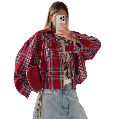 European and American 2024 autumn Amazon cross-border retro style all-matching lapel loose shirt Plaid long sleeve women's shirt
