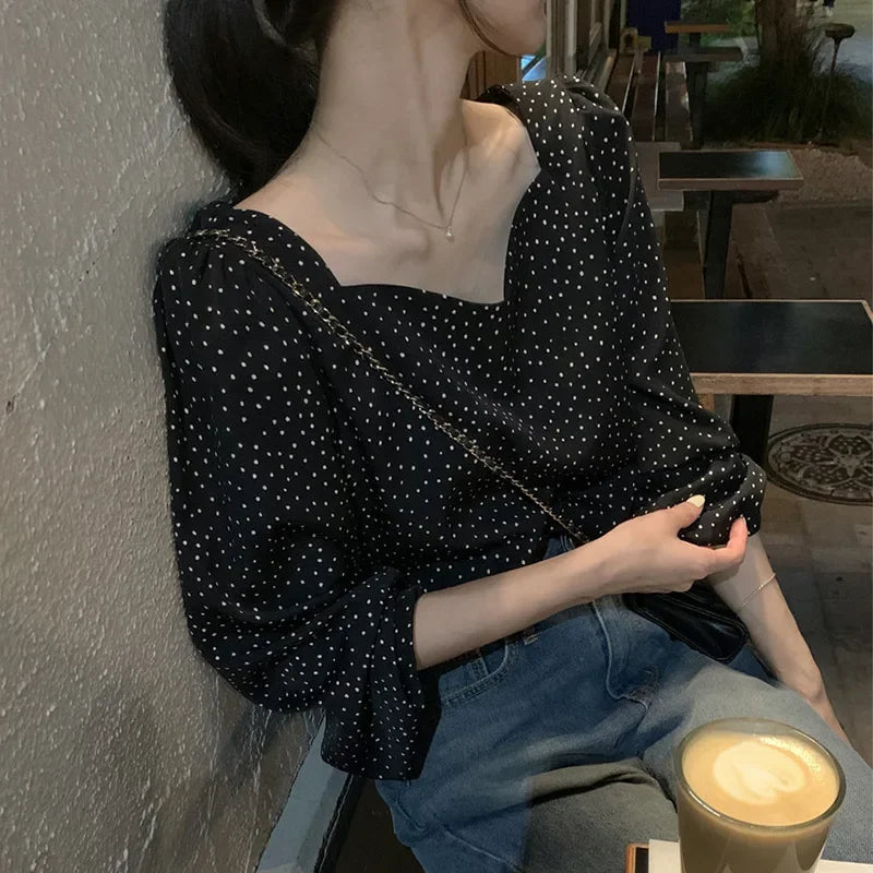 Autumn French style high sense retro anti-aging women's square collar off-shoulder contrast color polka-dot loose-fitting versatile long sleeve shirt