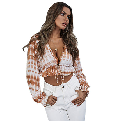 Spring Summer New Tie-Waist V-Neck Tie-Dye Blouse Women's Shirt |blouses,tops