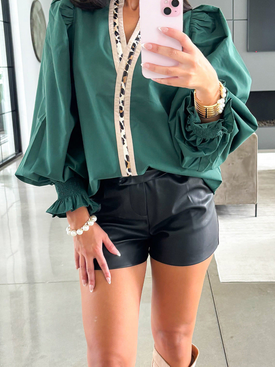 Europe and America cross border fashion loose printed pullover for women 2025 autumn and winter New contrast color V-neck long sleeve chiffon shirt for women
